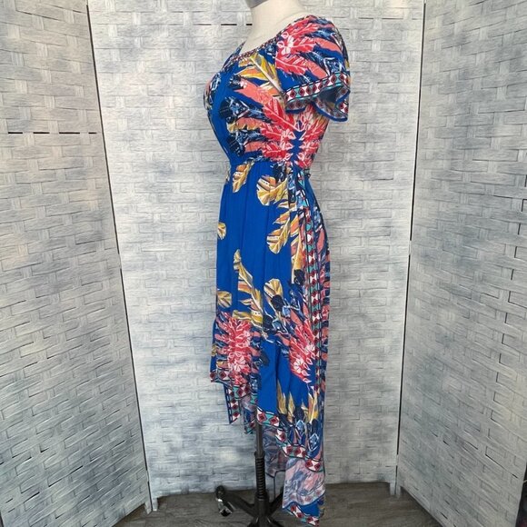 Flying Tomato Womens Small Blue Floral Print High Low Off Shoulder Smocked Maxi - Picture 2 of 7